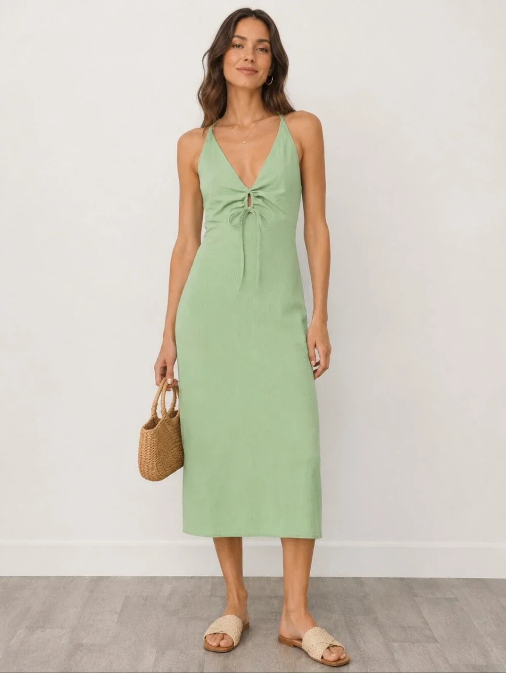 Abercrombie & Fitch Sage Green Halter Keyhole Midi Dress Size Large Petite